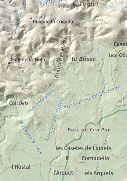 Mapa de relieve del Castellot, 465 m, Alt Penedès, lámina 100 Cims de Trobart. Detalle de la zona inferior izquierda. 21 × 30 cm.
