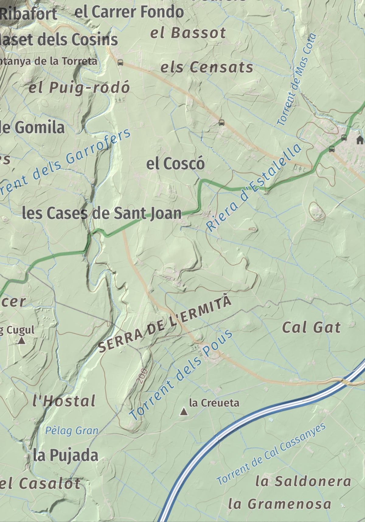 Mapa de relieve del Castellot, 465 m, Alt Penedès, lámina 100 Cims de Trobart. Detalle de la zona inferior derecha. 21 × 30 cm.