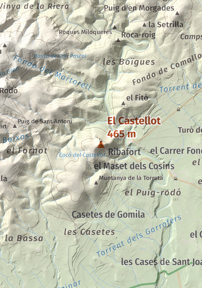 Mapa de relieve del Castellot, 465 m, Alt Penedès, lámina 100 Cims de Trobart. Detalle de la zona central. 21 × 30 cm.