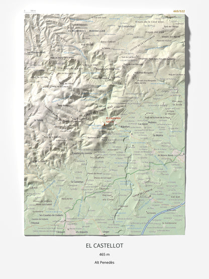Mapa de relieve del Castellot, 465 m, Alt Penedès, lámina 100 Cims de Trobart 30 × 40 cm.
