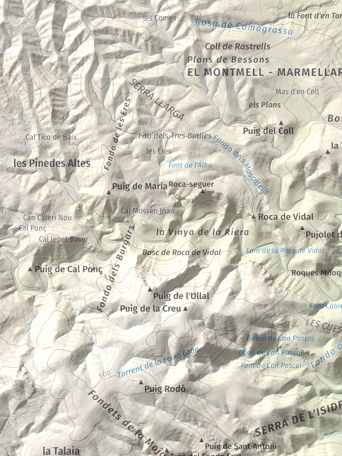Mapa de relieve del Castellot, 465 m, Alt Penedès, lámina 100 Cims de Trobart. Detalle de la zona superior izquierda. 30 × 40 cm.