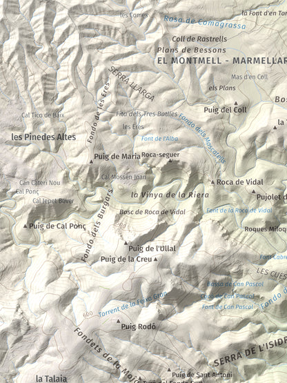 Mapa de relieve del Castellot, 465 m, Alt Penedès, lámina 100 Cims de Trobart. Detalle de la zona superior izquierda. 30 × 40 cm.