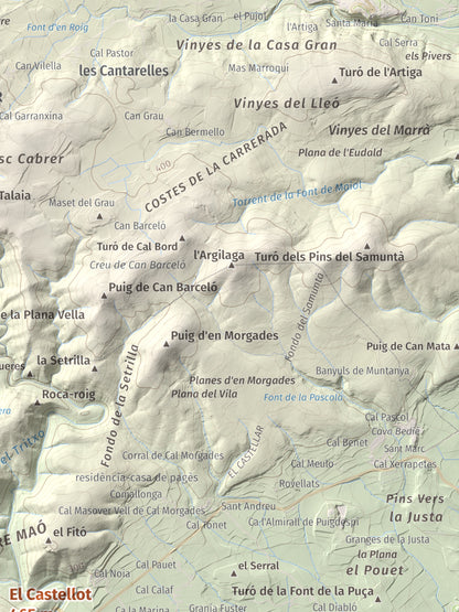 Mapa de relieve del Castellot, 465 m, Alt Penedès, lámina 100 Cims de Trobart. Detalle de la zona superior derecha. 30 × 40 cm.