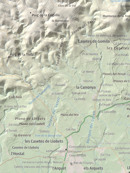 Mapa de relieve del Castellot, 465 m, Alt Penedès, lámina 100 Cims de Trobart. Detalle de la zona inferior izquierda. 30 × 40 cm.