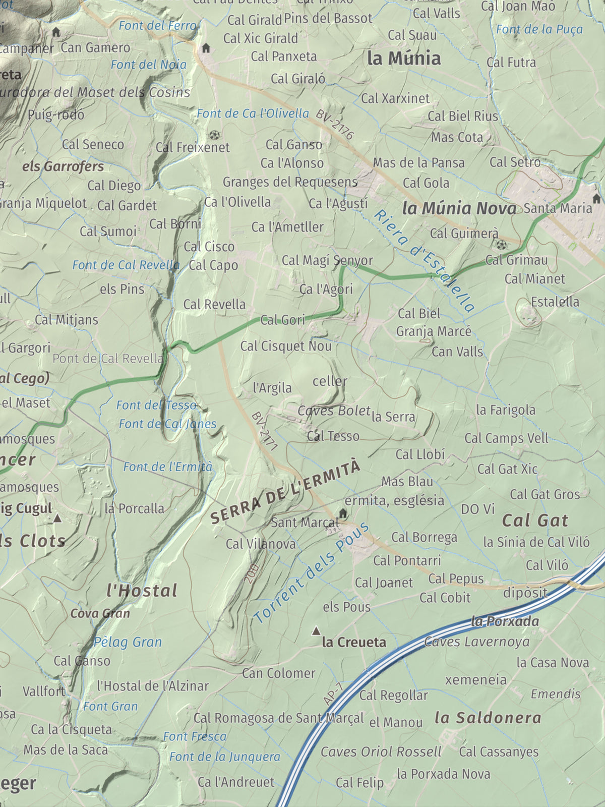 Mapa de relieve del Castellot, 465 m, Alt Penedès, lámina 100 Cims de Trobart. Detalle de la zona inferior derecha. 30 × 40 cm.