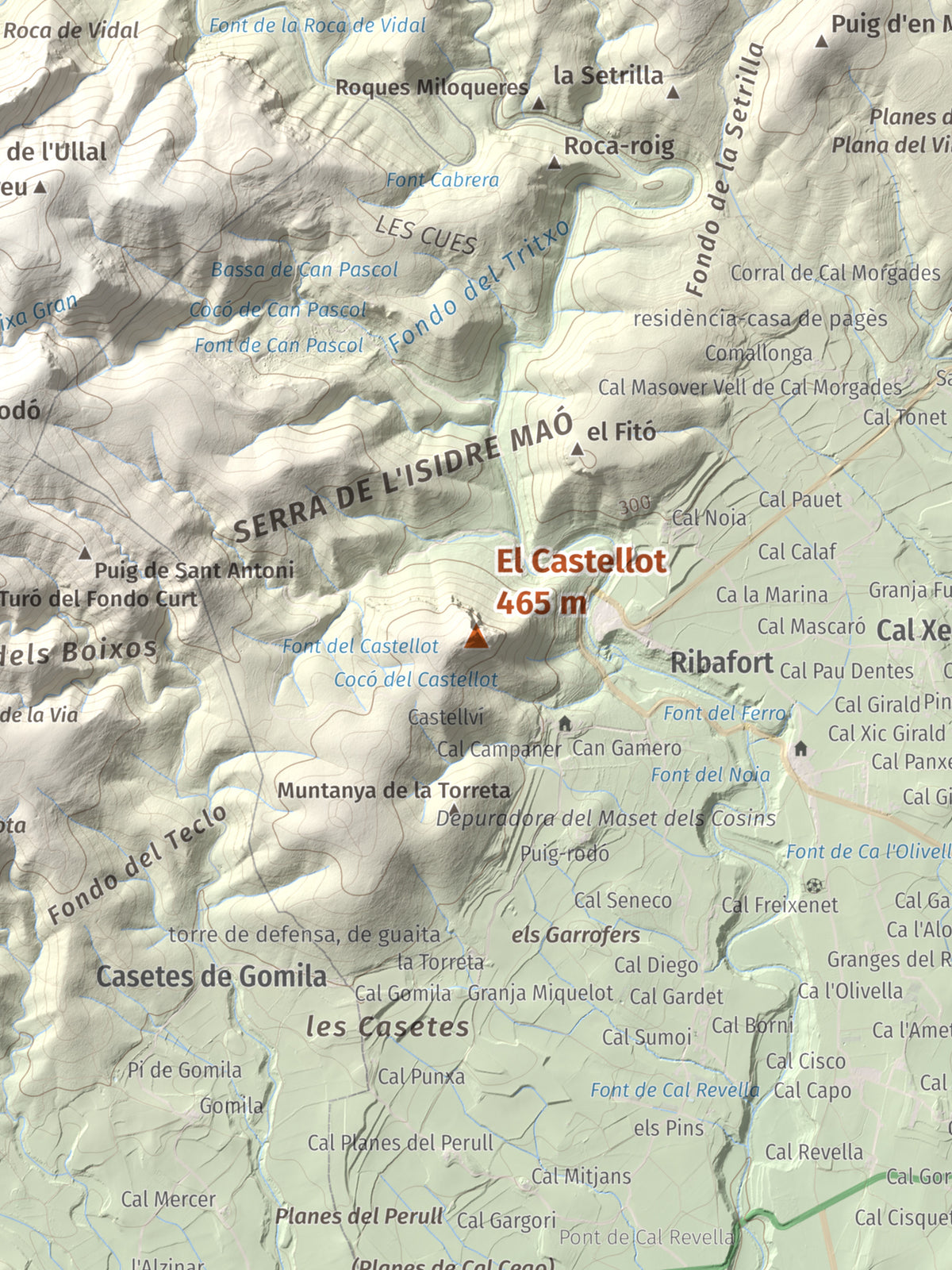 Mapa de relieve del Castellot, 465 m, Alt Penedès, lámina 100 Cims de Trobart. Detalle de la zona central. 30 × 40 cm.