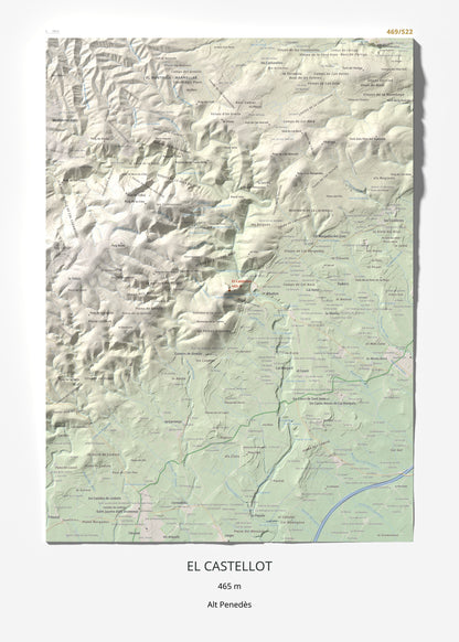 Mapa de relieve del Castellot, 465 m, Alt Penedès, lámina 100 Cims de Trobart 50 × 70 cm.