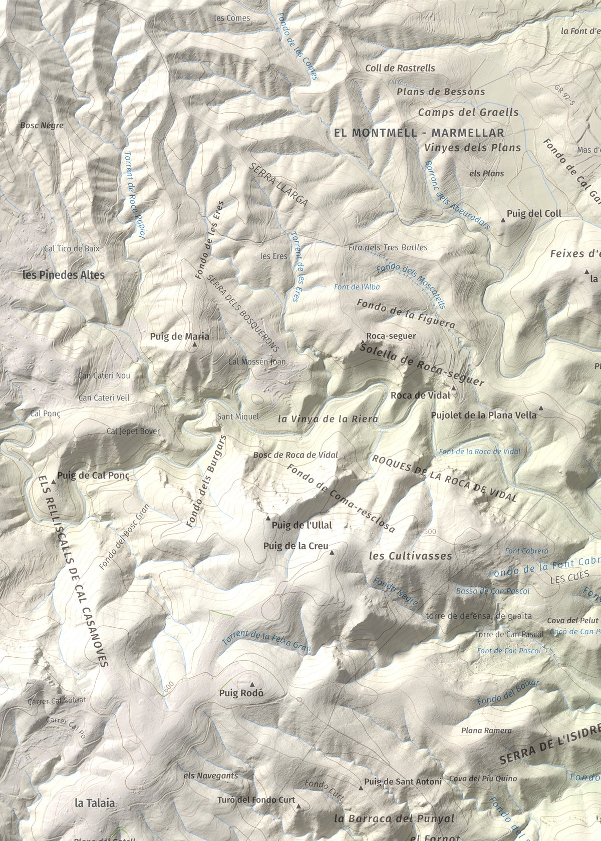 Mapa de relieve del Castellot, 465 m, Alt Penedès, lámina 100 Cims de Trobart. Detalle de la zona superior izquierda. 50 × 70 cm.