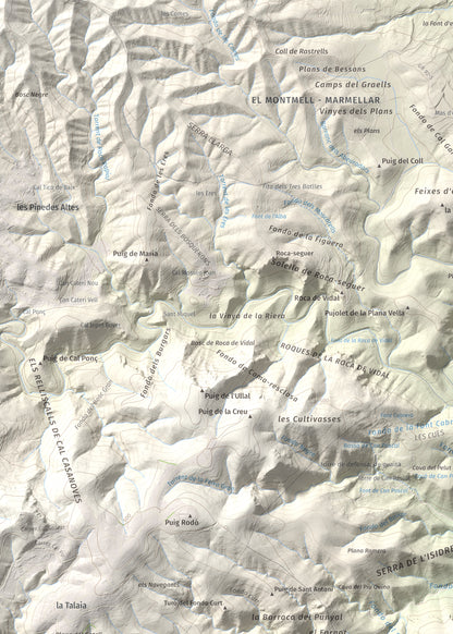 Mapa de relieve del Castellot, 465 m, Alt Penedès, lámina 100 Cims de Trobart. Detalle de la zona superior izquierda. 50 × 70 cm.