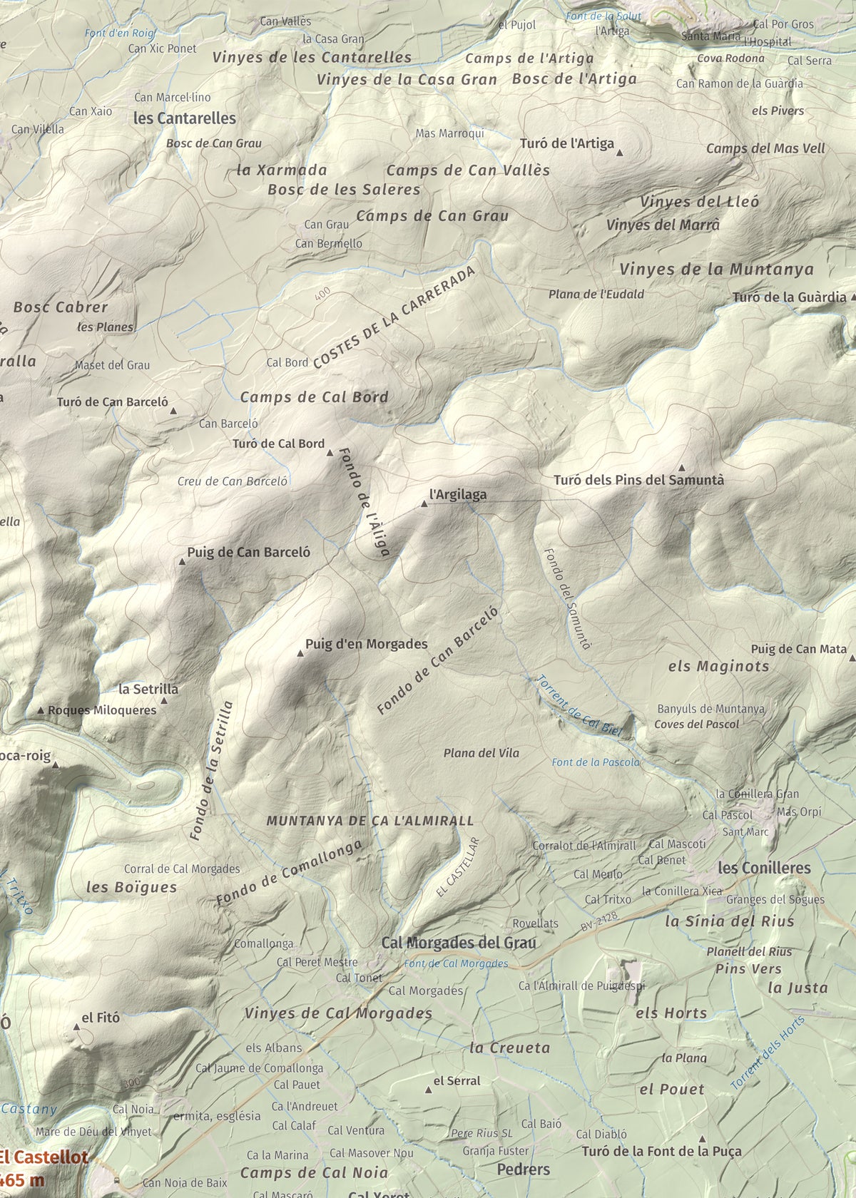 Mapa de relieve del Castellot, 465 m, Alt Penedès, lámina 100 Cims de Trobart. Detalle de la zona superior derecha. 50 × 70 cm.