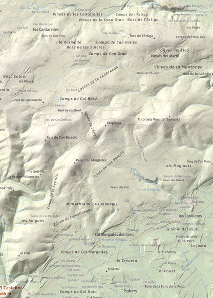 Mapa de relieve del Castellot, 465 m, Alt Penedès, lámina 100 Cims de Trobart. Detalle de la zona superior derecha. 50 × 70 cm.