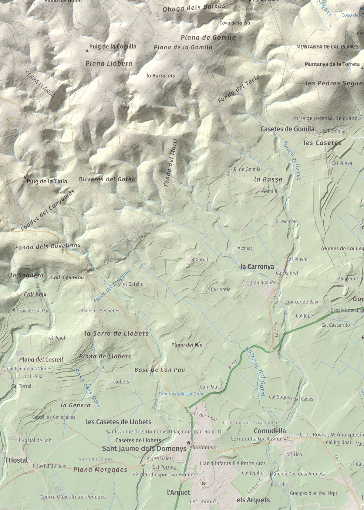 Mapa de relieve del Castellot, 465 m, Alt Penedès, lámina 100 Cims de Trobart. Detalle de la zona inferior izquierda. 50 × 70 cm.