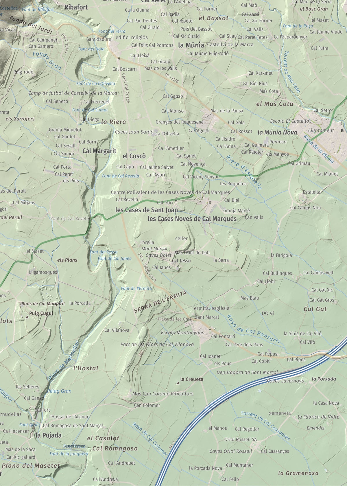 Mapa de relieve del Castellot, 465 m, Alt Penedès, lámina 100 Cims de Trobart. Detalle de la zona inferior derecha. 50 × 70 cm.