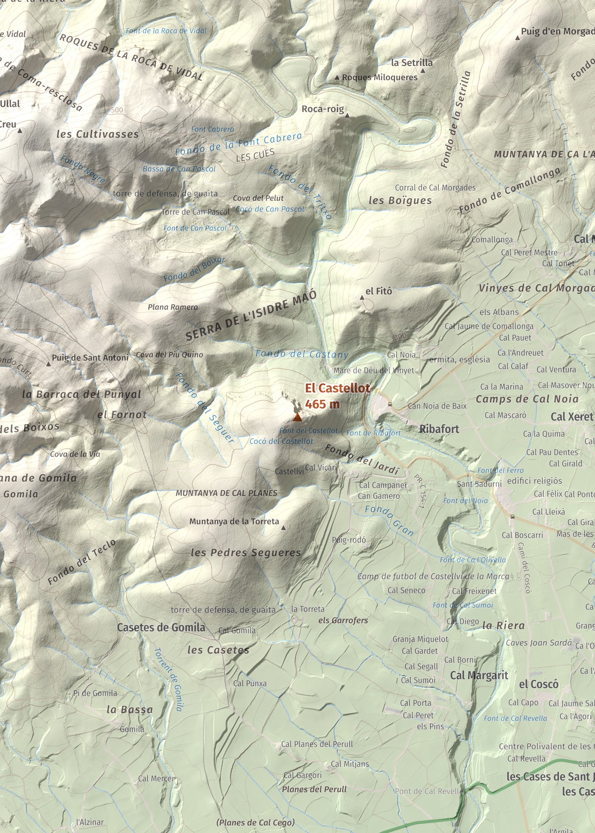 Mapa de relieve del Castellot, 465 m, Alt Penedès, lámina 100 Cims de Trobart. Detalle de la zona central. 50 × 70 cm.