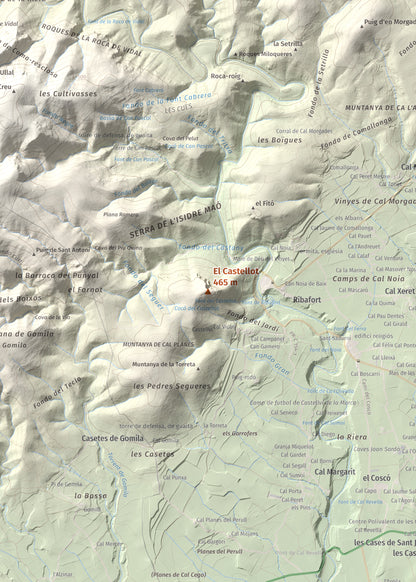 Mapa de relieve del Castellot, 465 m, Alt Penedès, lámina 100 Cims de Trobart. Detalle de la zona central. 50 × 70 cm.
