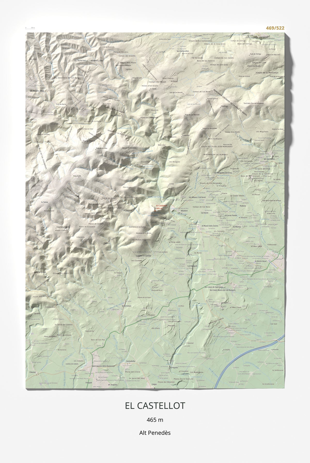 Mapa de relieve del Castellot, 465 m, Alt Penedès, lámina 100 Cims de Trobart 61 × 91 cm.