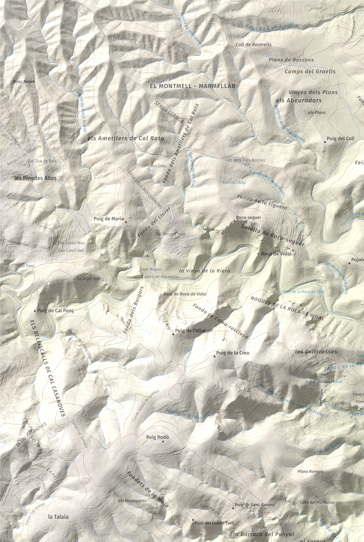 Mapa de relieve del Castellot, 465 m, Alt Penedès, lámina 100 Cims de Trobart. Detalle de la zona superior izquierda. 61 × 91 cm.