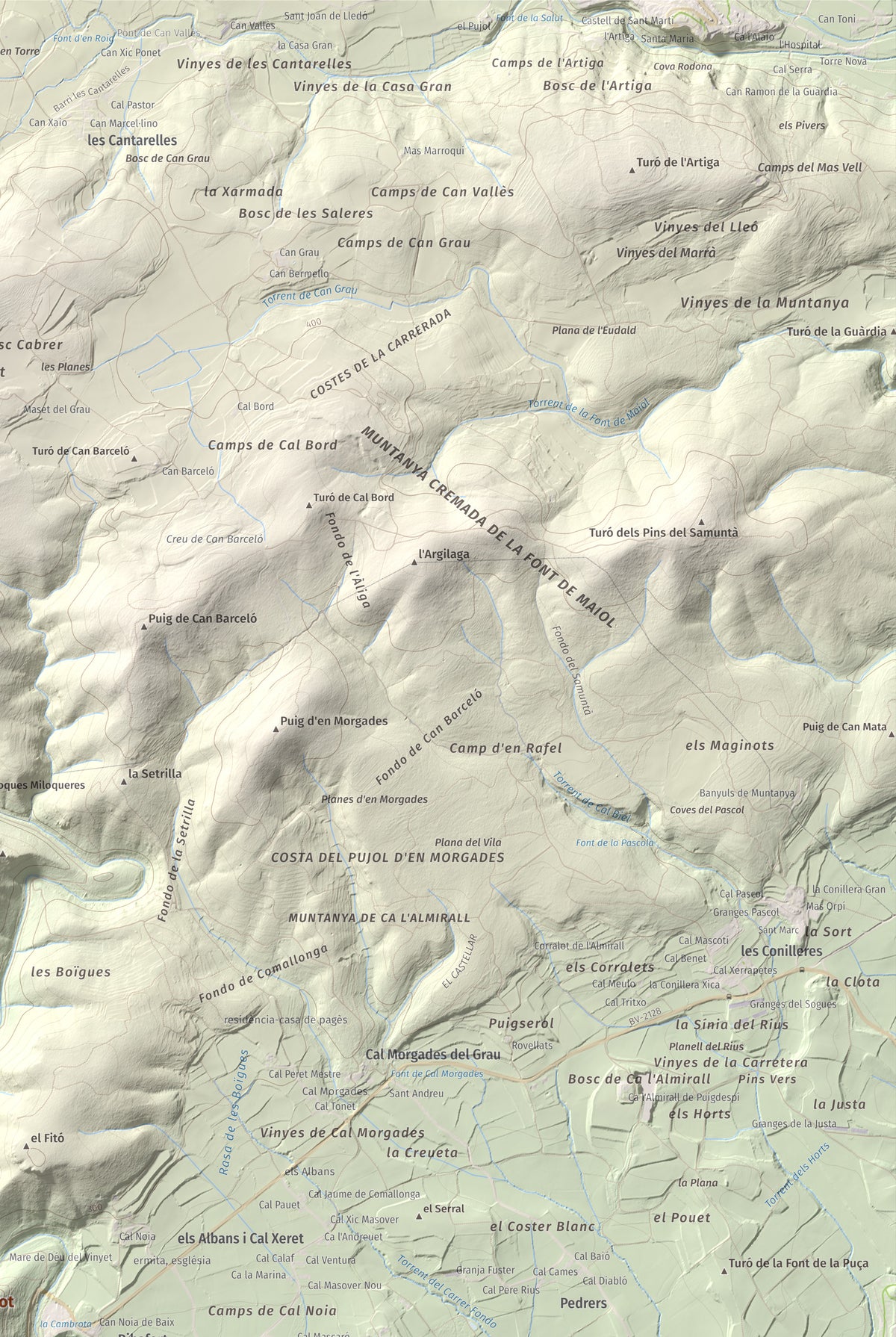 Mapa de relieve del Castellot, 465 m, Alt Penedès, lámina 100 Cims de Trobart. Detalle de la zona superior derecha. 61 × 91 cm.