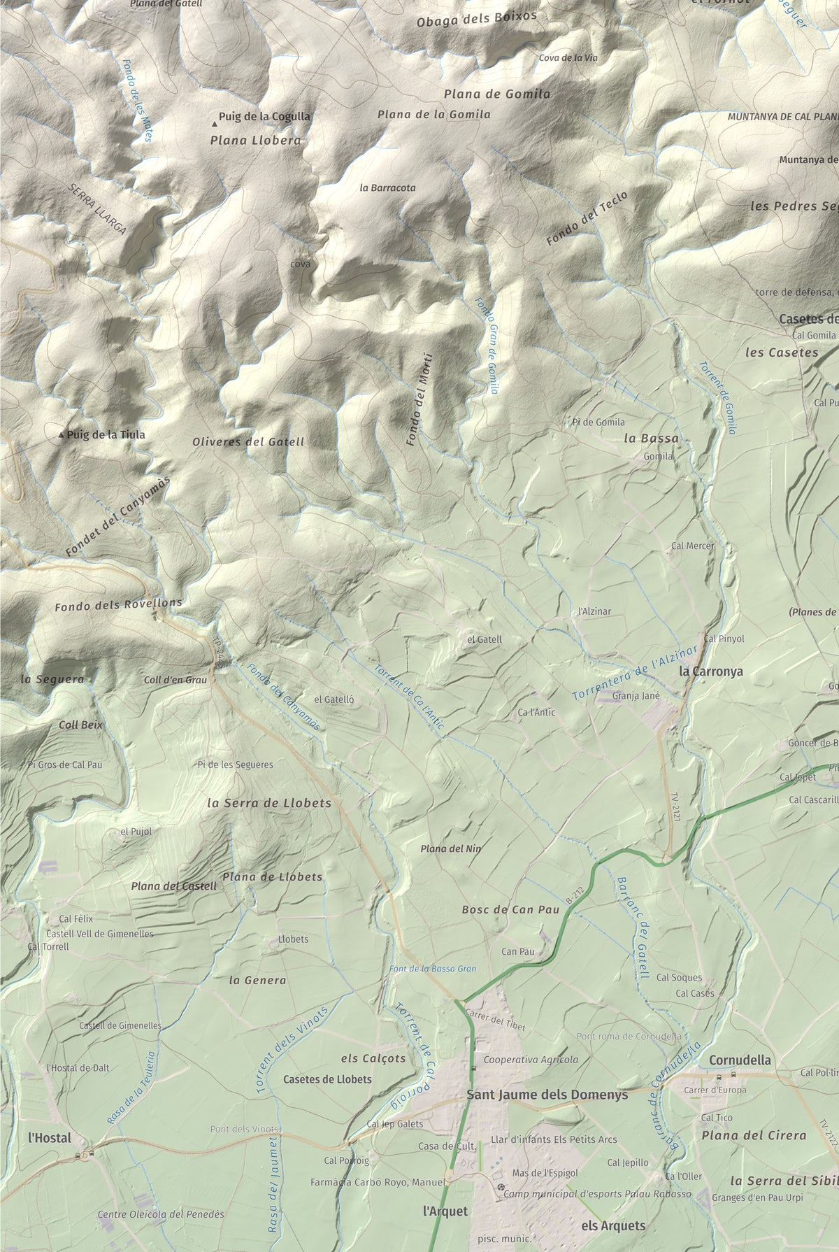 Mapa de relieve del Castellot, 465 m, Alt Penedès, lámina 100 Cims de Trobart. Detalle de la zona inferior izquierda. 61 × 91 cm.