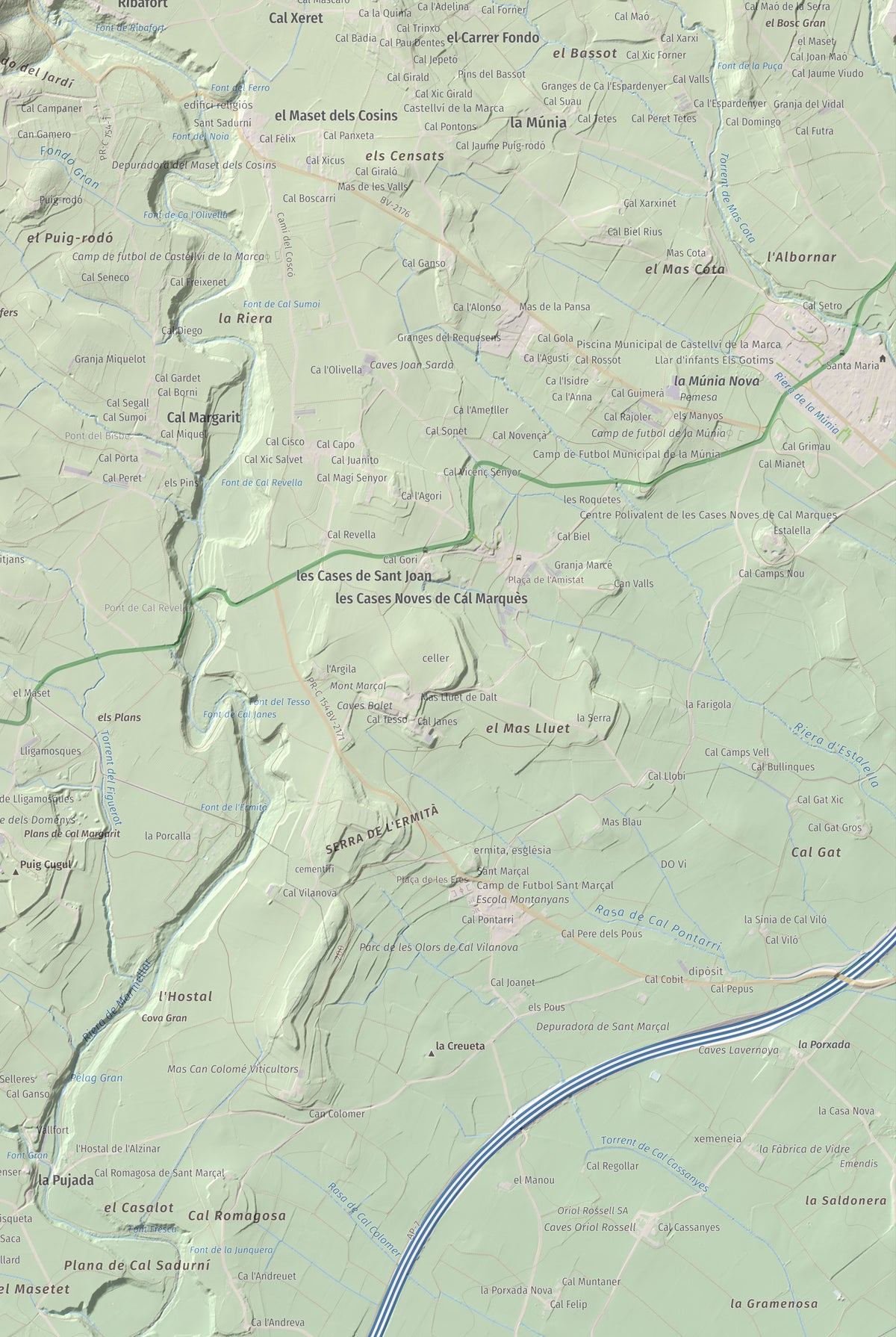 Mapa de relieve del Castellot, 465 m, Alt Penedès, lámina 100 Cims de Trobart. Detalle de la zona inferior derecha. 61 × 91 cm.