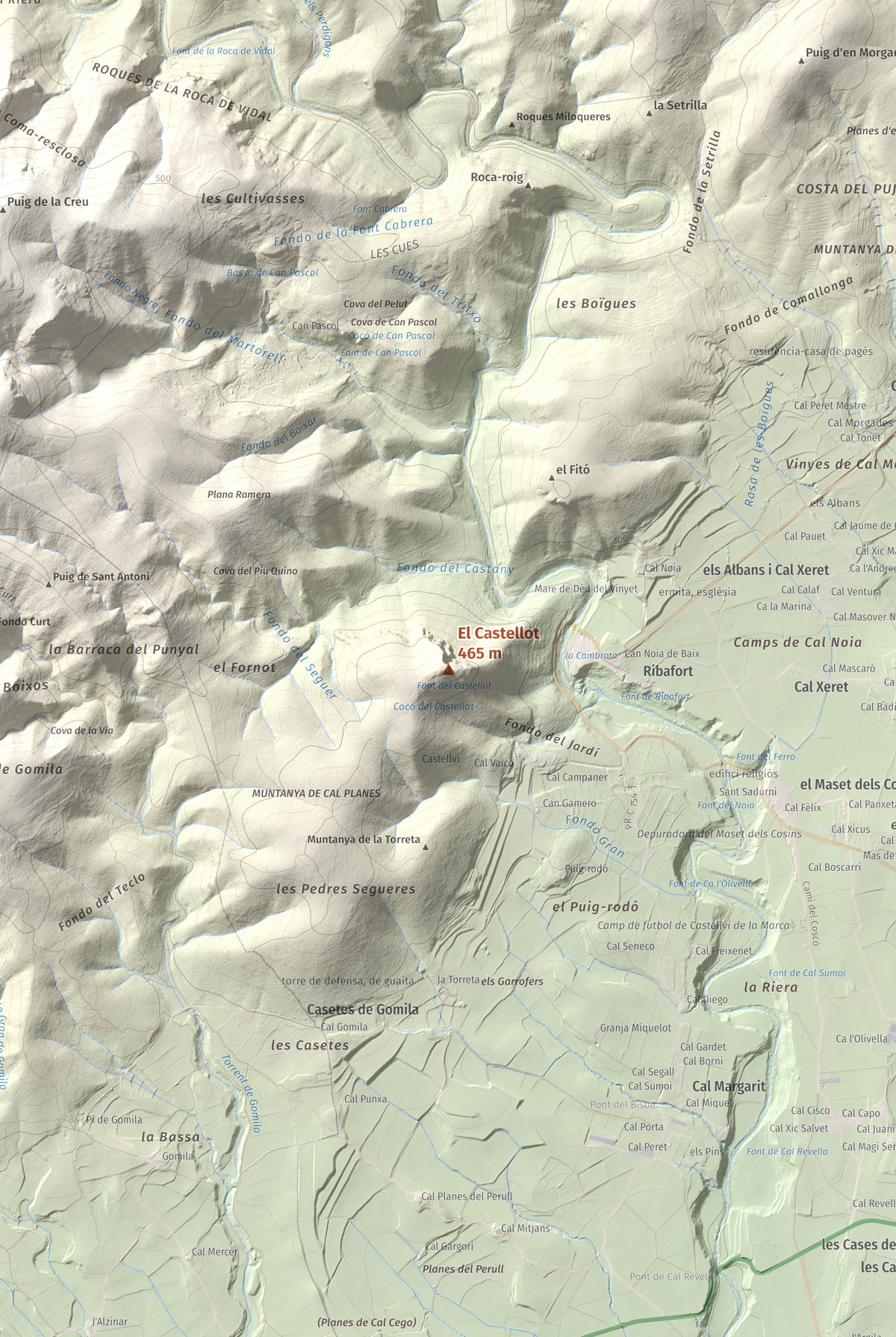 Mapa de relieve del Castellot, 465 m, Alt Penedès, lámina 100 Cims de Trobart. Detalle de la zona central. 61 × 91 cm.