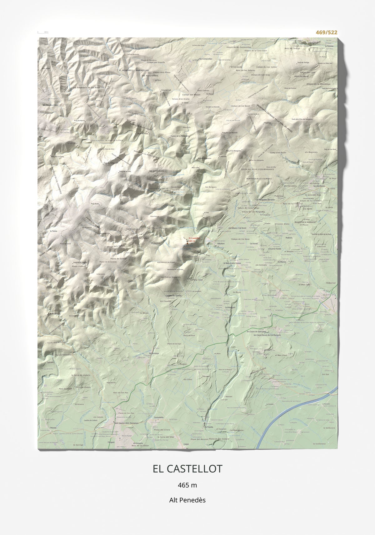 Mapa de relieve del Castellot, 465 m, Alt Penedès, lámina 100 Cims de Trobart 70 × 100 cm.