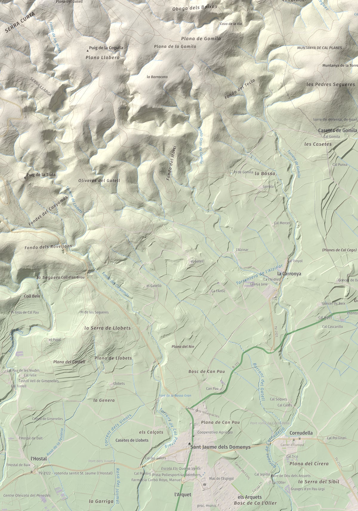 Mapa de relieve del Castellot, 465 m, Alt Penedès, lámina 100 Cims de Trobart. Detalle de la zona inferior izquierda. 70 × 100 cm.