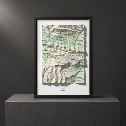 Mapa de relieve del Cogul, 1526 m, Solsonès, lámina 100 Cims de Trobart. Presentación enmarcada. 21 × 30 cm.