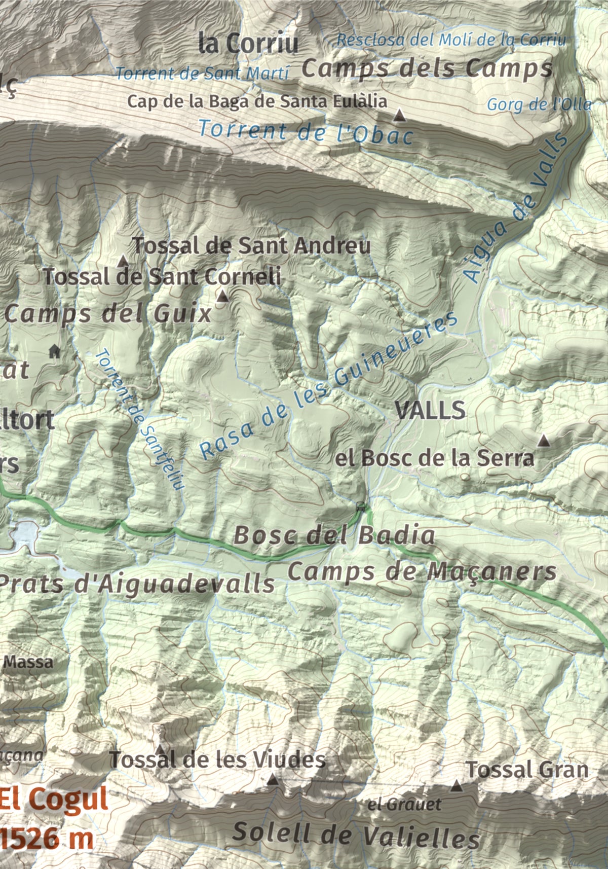 Mapa de relieve del Cogul, 1526 m, Solsonès, lámina 100 Cims de Trobart. Detalle de la zona superior derecha. 21 × 30 cm.