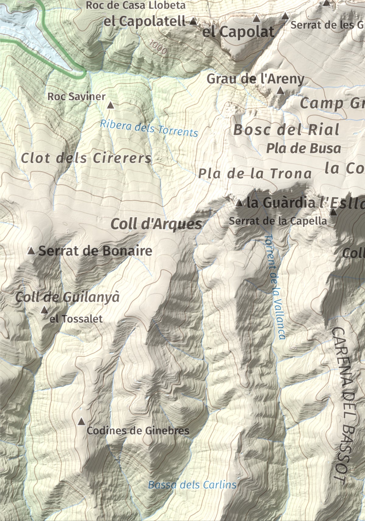Mapa de relieve del Cogul, 1526 m, Solsonès, lámina 100 Cims de Trobart. Detalle de la zona inferior izquierda. 21 × 30 cm.