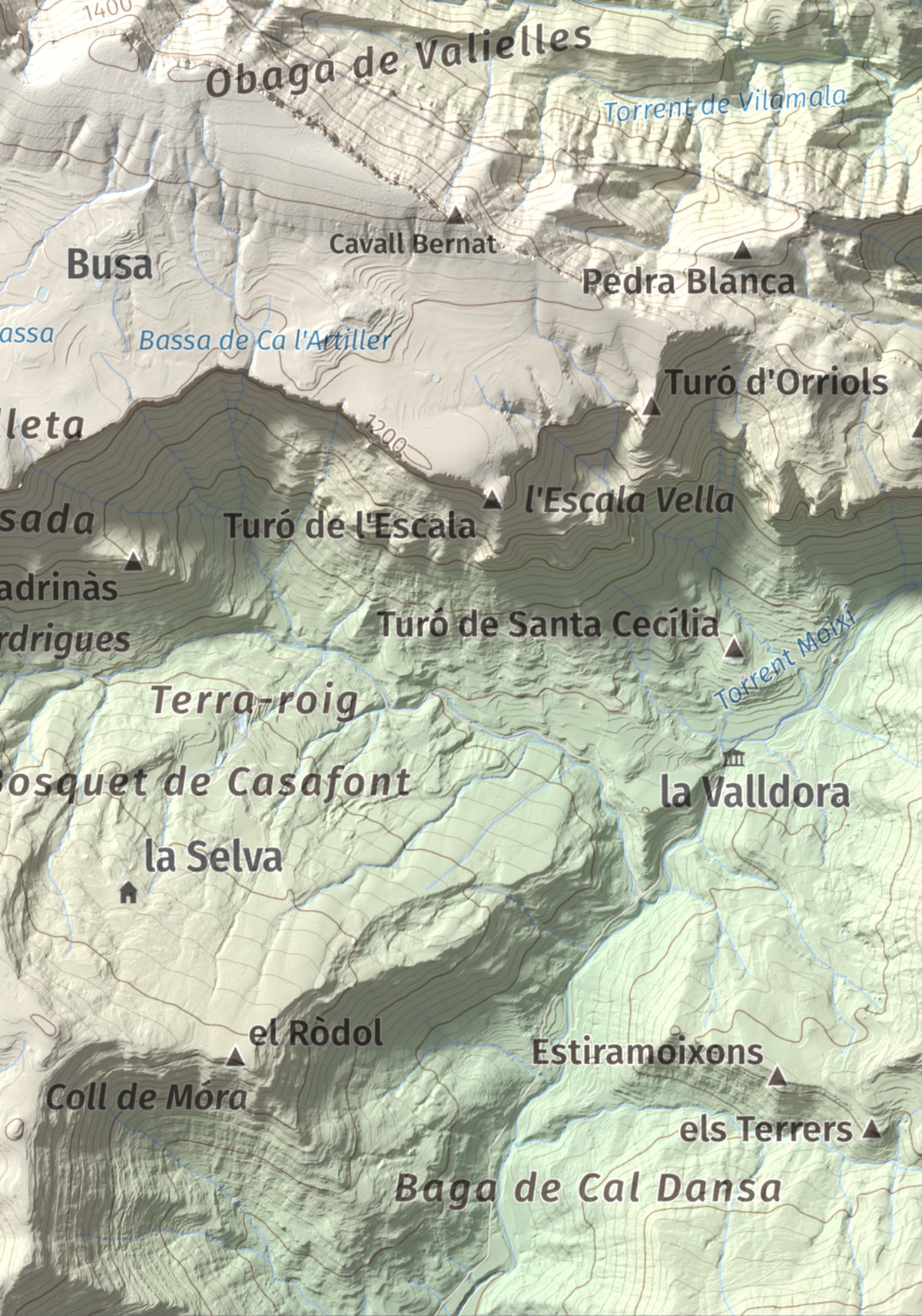 Mapa de relieve del Cogul, 1526 m, Solsonès, lámina 100 Cims de Trobart. Detalle de la zona inferior derecha. 21 × 30 cm.