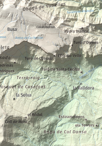 Mapa de relieve del Cogul, 1526 m, Solsonès, lámina 100 Cims de Trobart. Detalle de la zona inferior derecha. 21 × 30 cm.