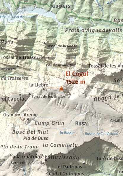 Mapa de relieve del Cogul, 1526 m, Solsonès, lámina 100 Cims de Trobart. Detalle de la zona central. 21 × 30 cm.