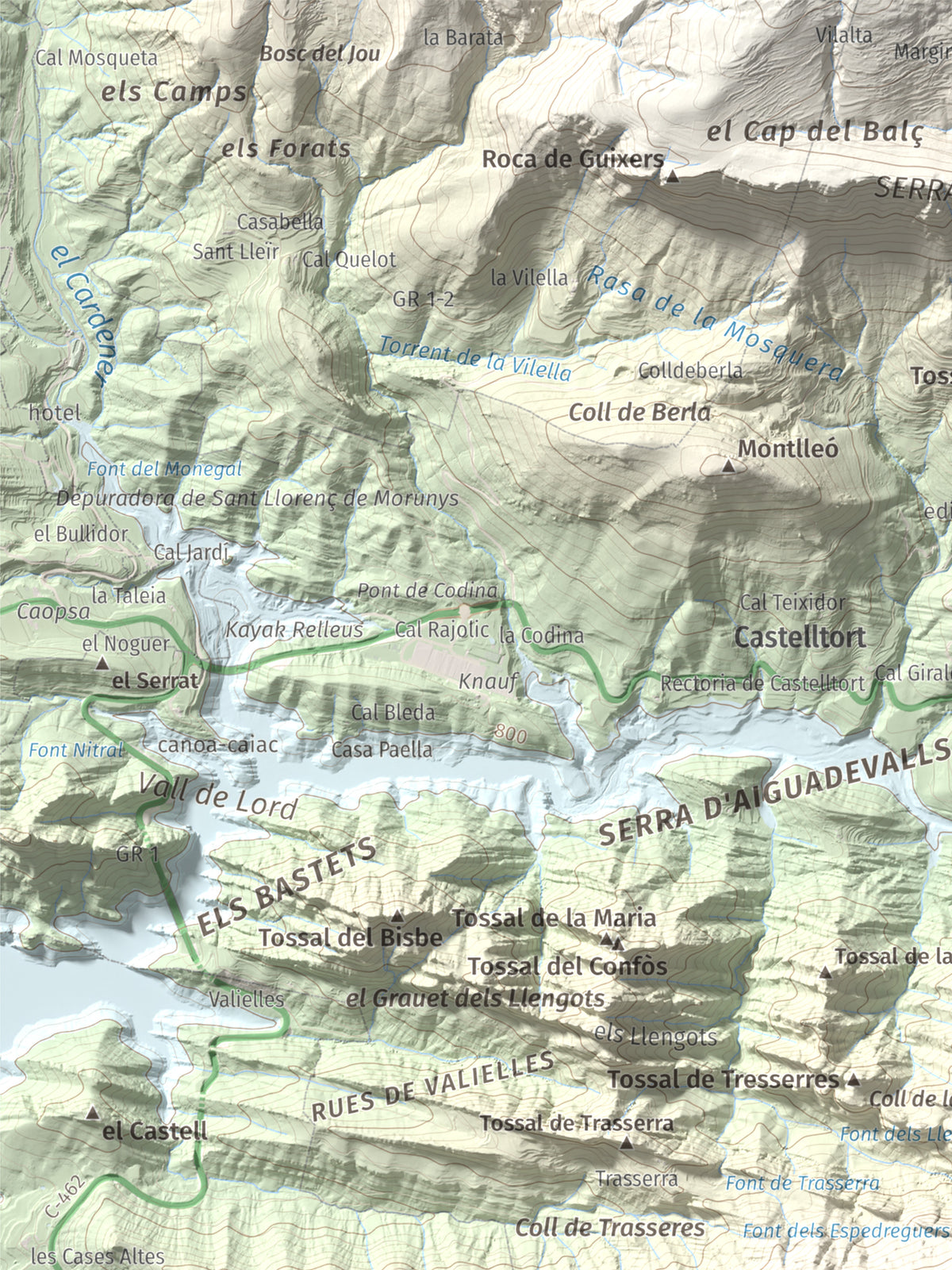 Mapa de relieve del Cogul, 1526 m, Solsonès, lámina 100 Cims de Trobart. Detalle de la zona superior izquierda. 30 × 40 cm.