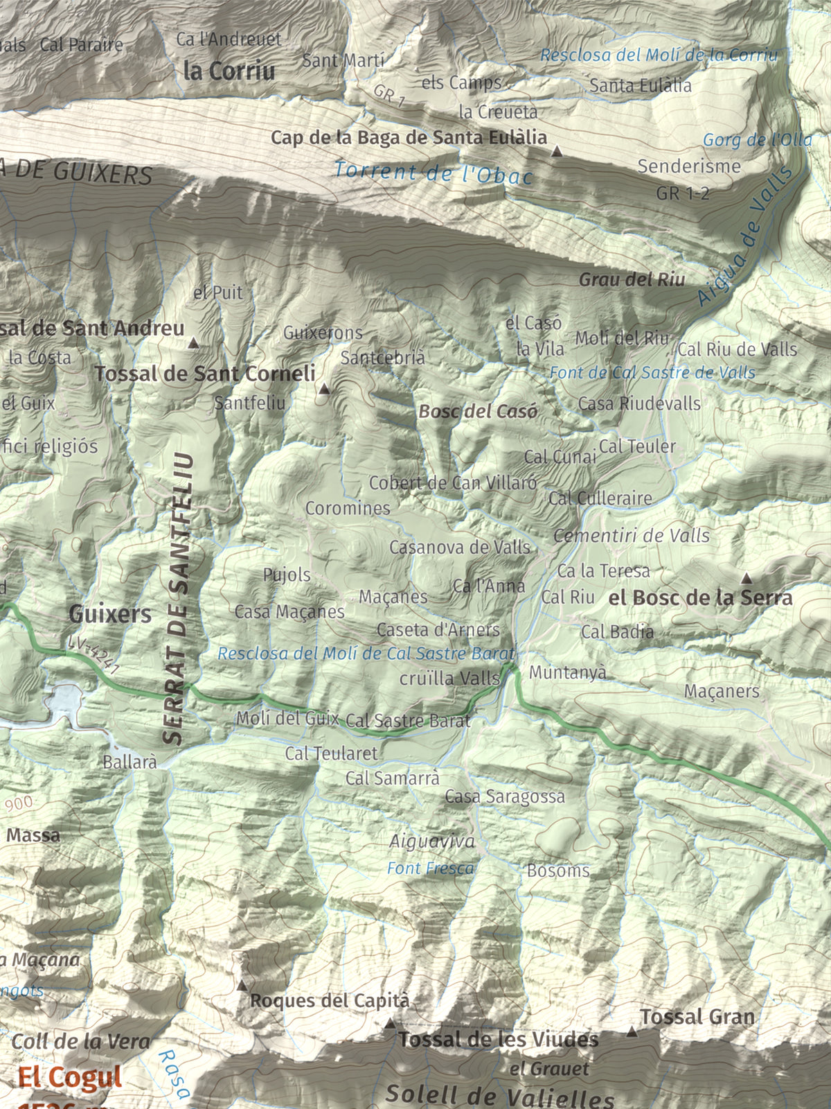 Mapa de relieve del Cogul, 1526 m, Solsonès, lámina 100 Cims de Trobart. Detalle de la zona superior derecha. 30 × 40 cm.