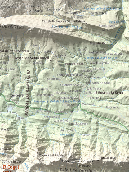 Mapa de relieve del Cogul, 1526 m, Solsonès, lámina 100 Cims de Trobart. Detalle de la zona superior derecha. 30 × 40 cm.
