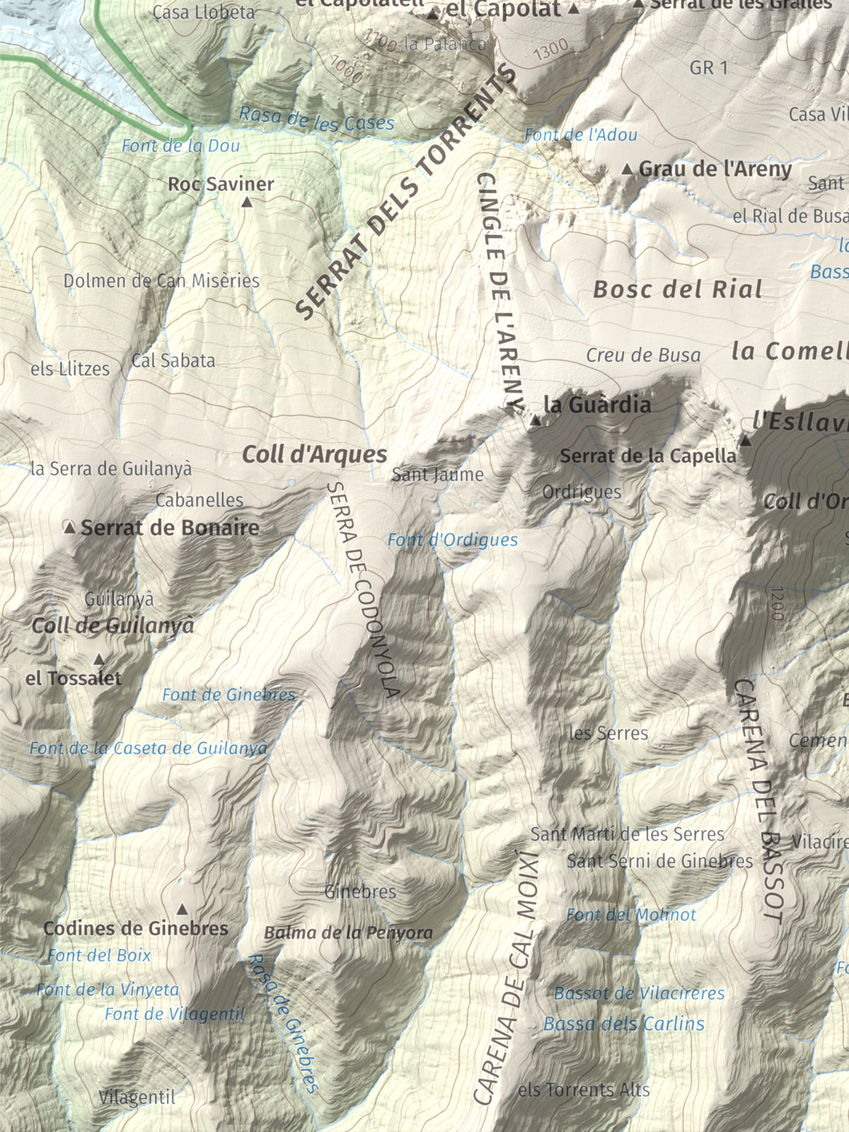 Mapa de relieve del Cogul, 1526 m, Solsonès, lámina 100 Cims de Trobart. Detalle de la zona inferior izquierda. 30 × 40 cm.