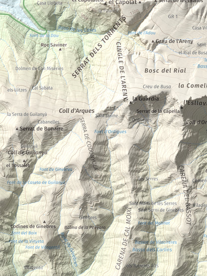 Mapa de relieve del Cogul, 1526 m, Solsonès, lámina 100 Cims de Trobart. Detalle de la zona inferior izquierda. 30 × 40 cm.