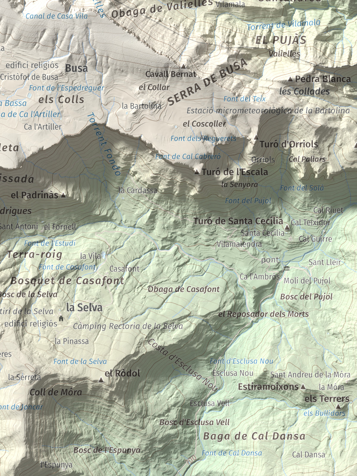 Mapa de relieve del Cogul, 1526 m, Solsonès, lámina 100 Cims de Trobart. Detalle de la zona inferior derecha. 30 × 40 cm.