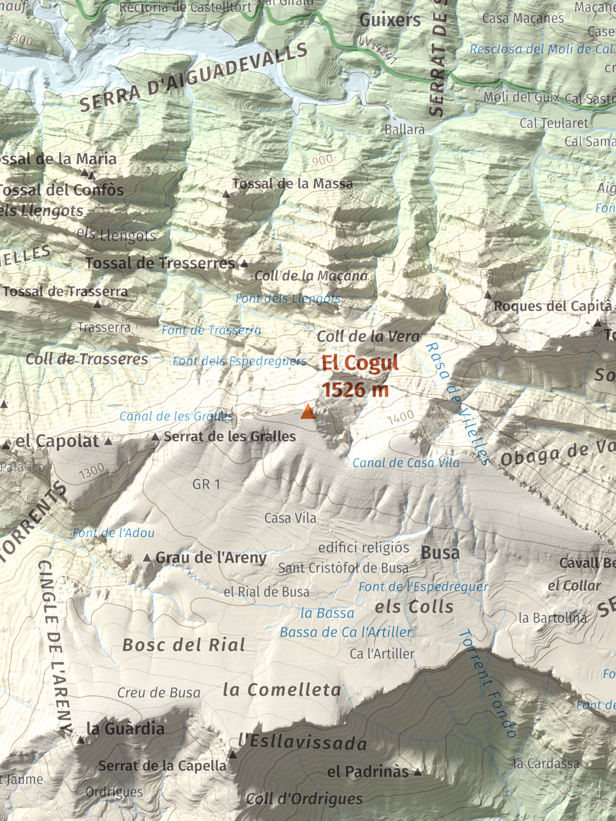 Mapa de relieve del Cogul, 1526 m, Solsonès, lámina 100 Cims de Trobart. Detalle de la zona central. 30 × 40 cm.