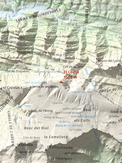 Mapa de relieve del Cogul, 1526 m, Solsonès, lámina 100 Cims de Trobart. Detalle de la zona central. 30 × 40 cm.