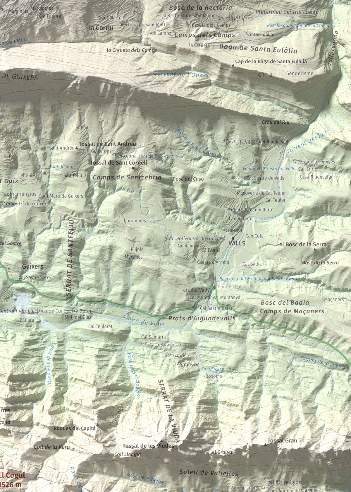 Mapa de relieve del Cogul, 1526 m, Solsonès, lámina 100 Cims de Trobart. Detalle de la zona superior derecha. 50 × 70 cm.