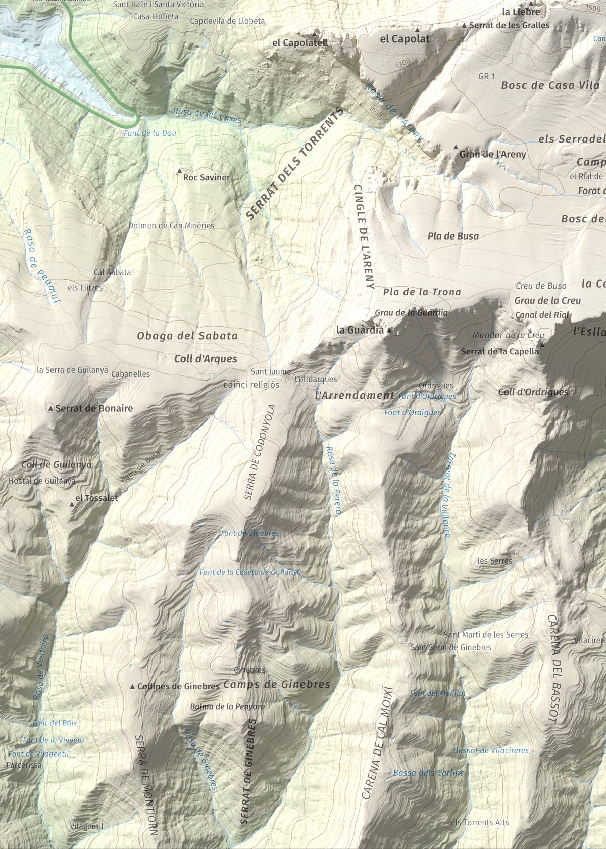 Mapa de relieve del Cogul, 1526 m, Solsonès, lámina 100 Cims de Trobart. Detalle de la zona inferior izquierda. 50 × 70 cm.