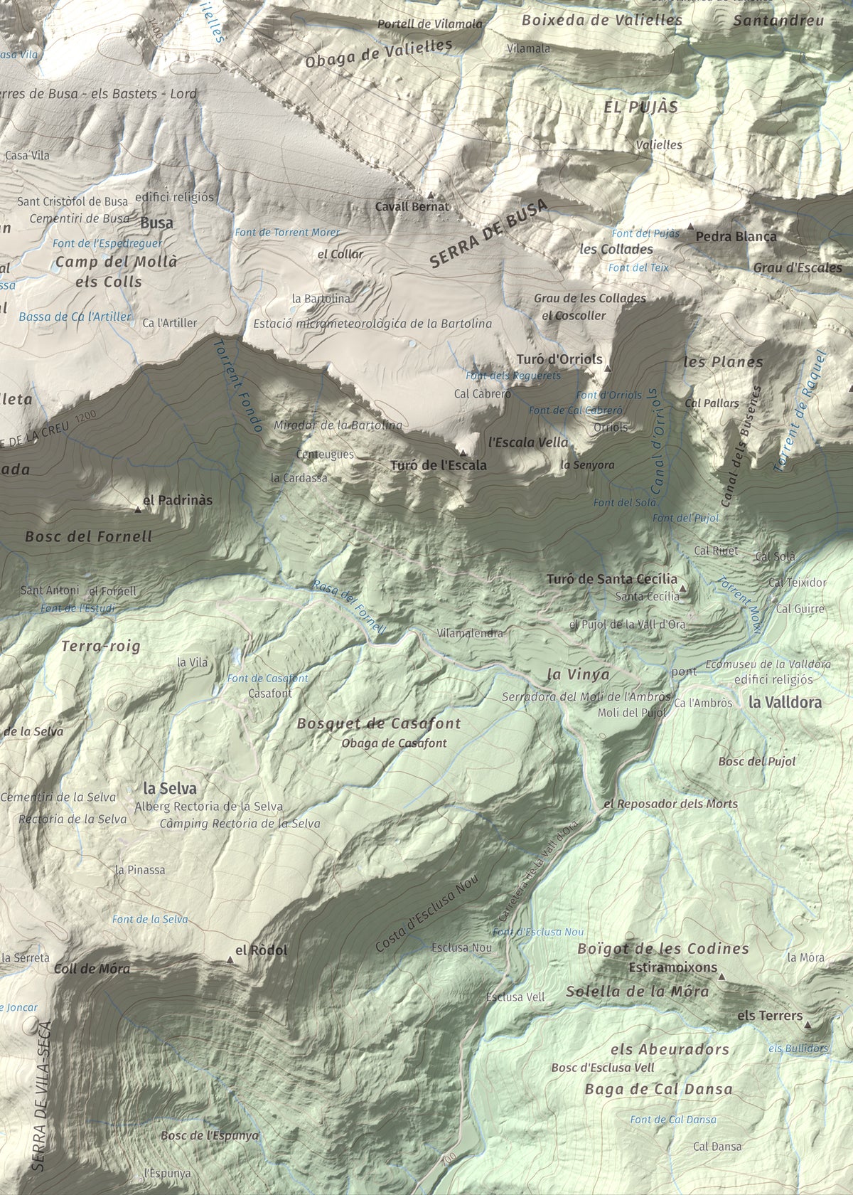 Mapa de relieve del Cogul, 1526 m, Solsonès, lámina 100 Cims de Trobart. Detalle de la zona inferior derecha. 50 × 70 cm.
