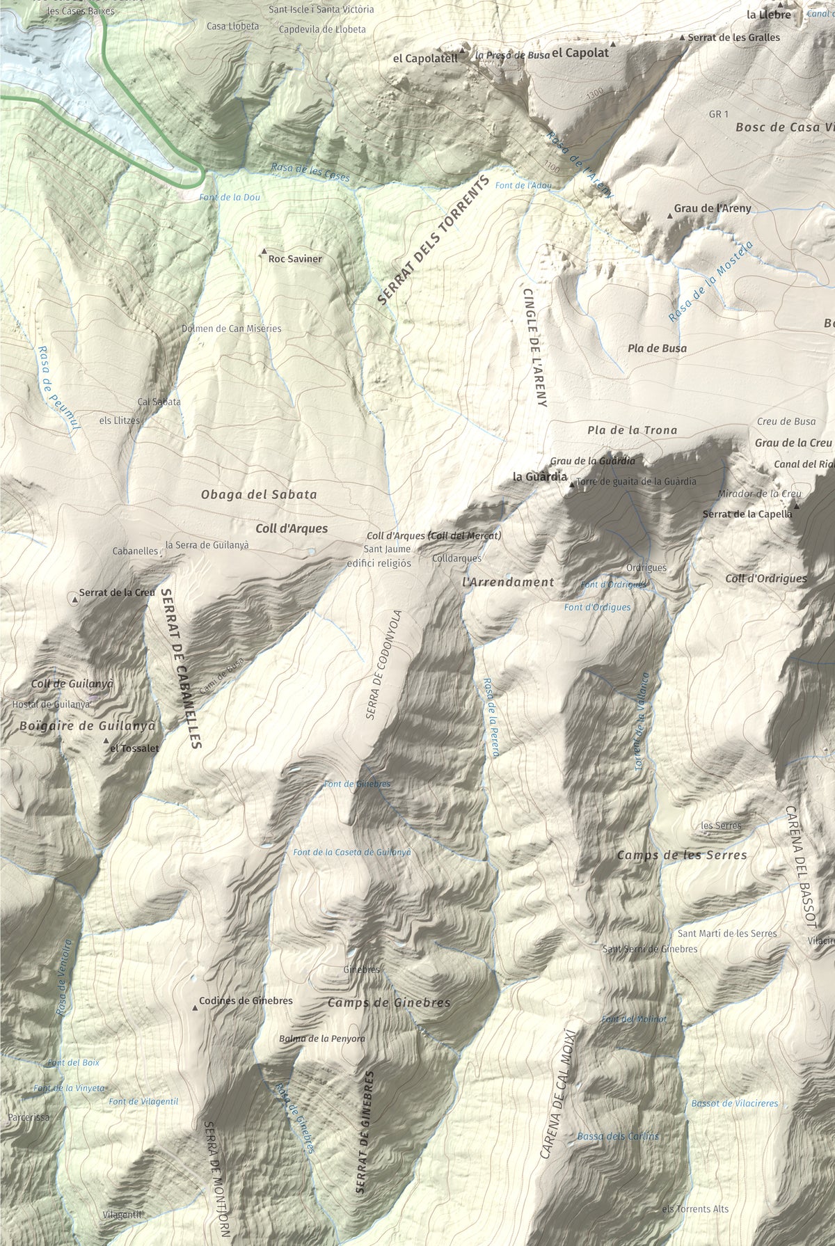 Mapa de relieve del Cogul, 1526 m, Solsonès, lámina 100 Cims de Trobart. Detalle de la zona inferior izquierda. 61 × 91 cm.