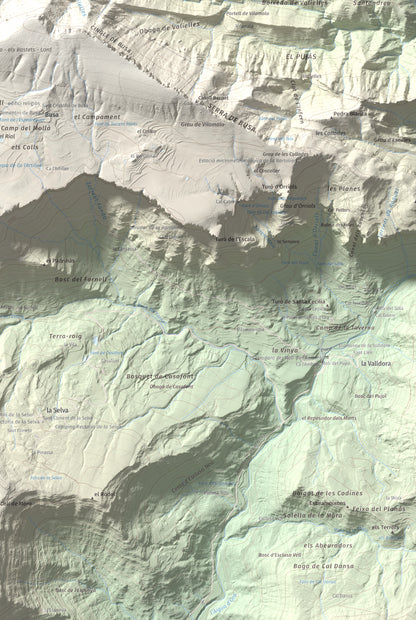 Mapa de relieve del Cogul, 1526 m, Solsonès, lámina 100 Cims de Trobart. Detalle de la zona inferior derecha. 61 × 91 cm.