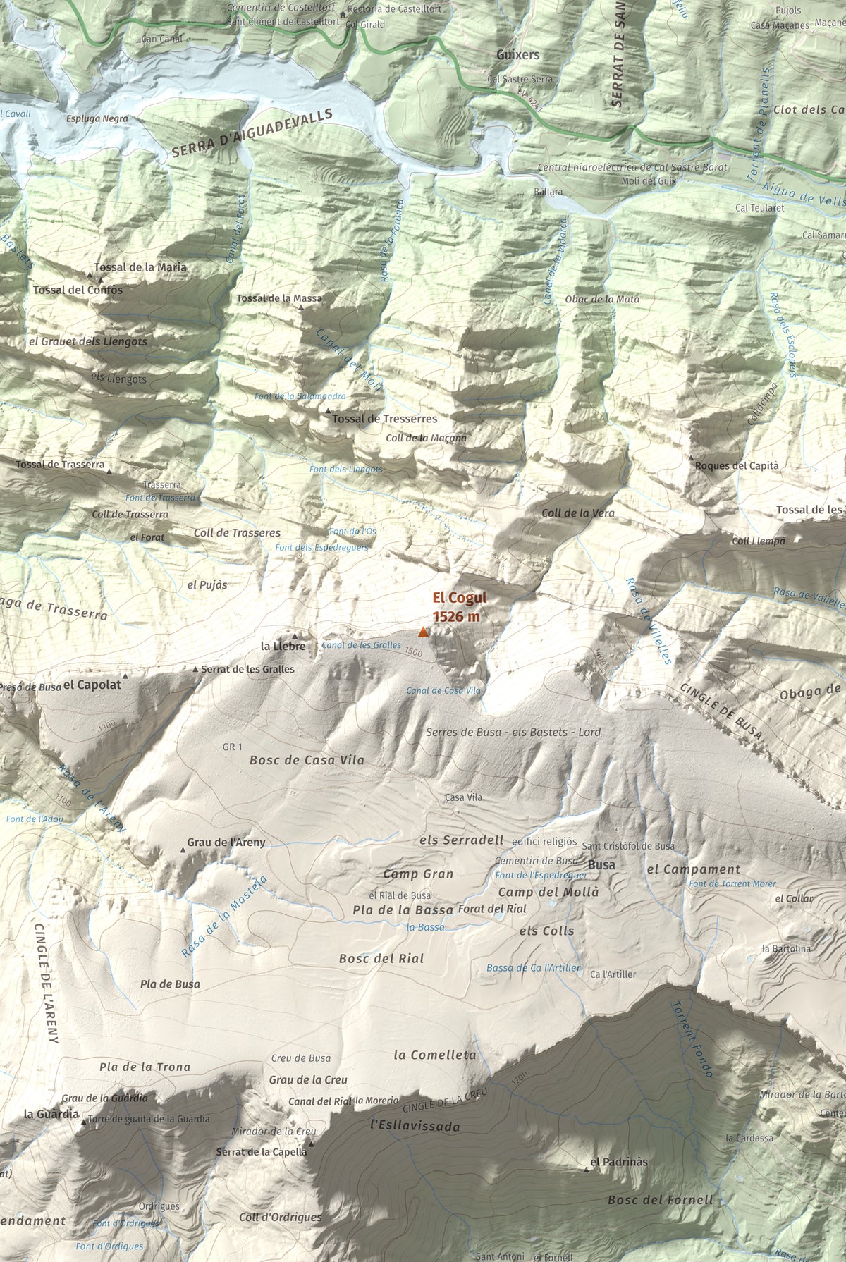 Mapa de relieve del Cogul, 1526 m, Solsonès, lámina 100 Cims de Trobart. Detalle de la zona central. 61 × 91 cm.