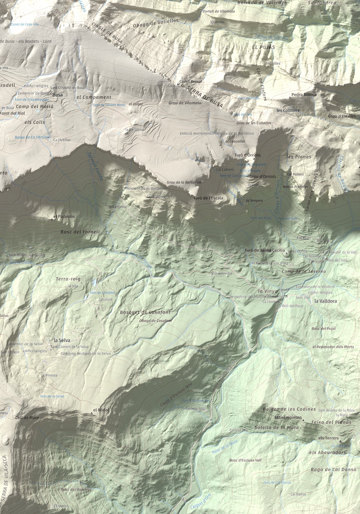 Mapa de relieve del Cogul, 1526 m, Solsonès, lámina 100 Cims de Trobart. Detalle de la zona inferior derecha. 70 × 100 cm.
