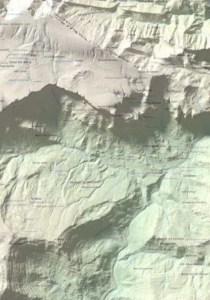 Mapa de relieve del Cogul, 1526 m, Solsonès, lámina 100 Cims de Trobart. Detalle de la zona inferior derecha. 70 × 100 cm.