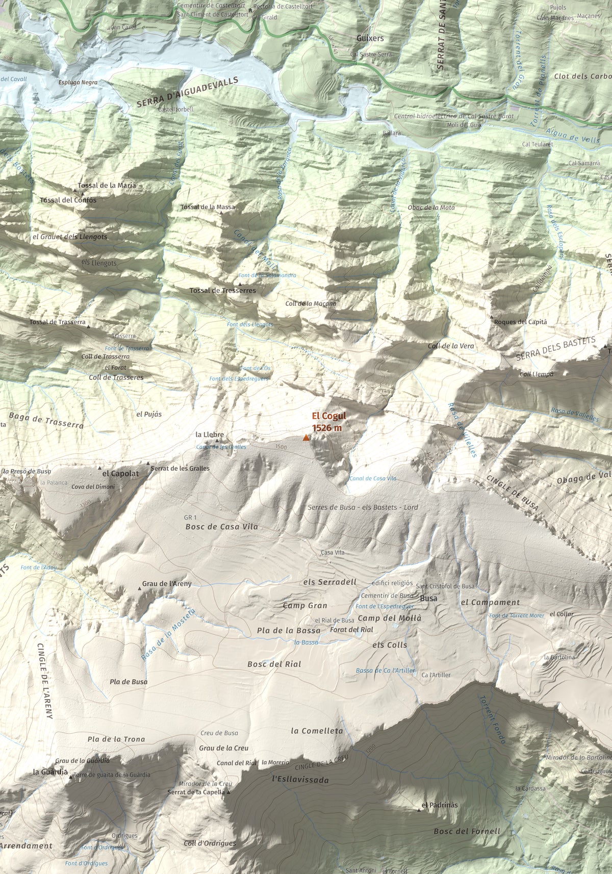 Mapa de relieve del Cogul, 1526 m, Solsonès, lámina 100 Cims de Trobart. Detalle de la zona central. 70 × 100 cm.